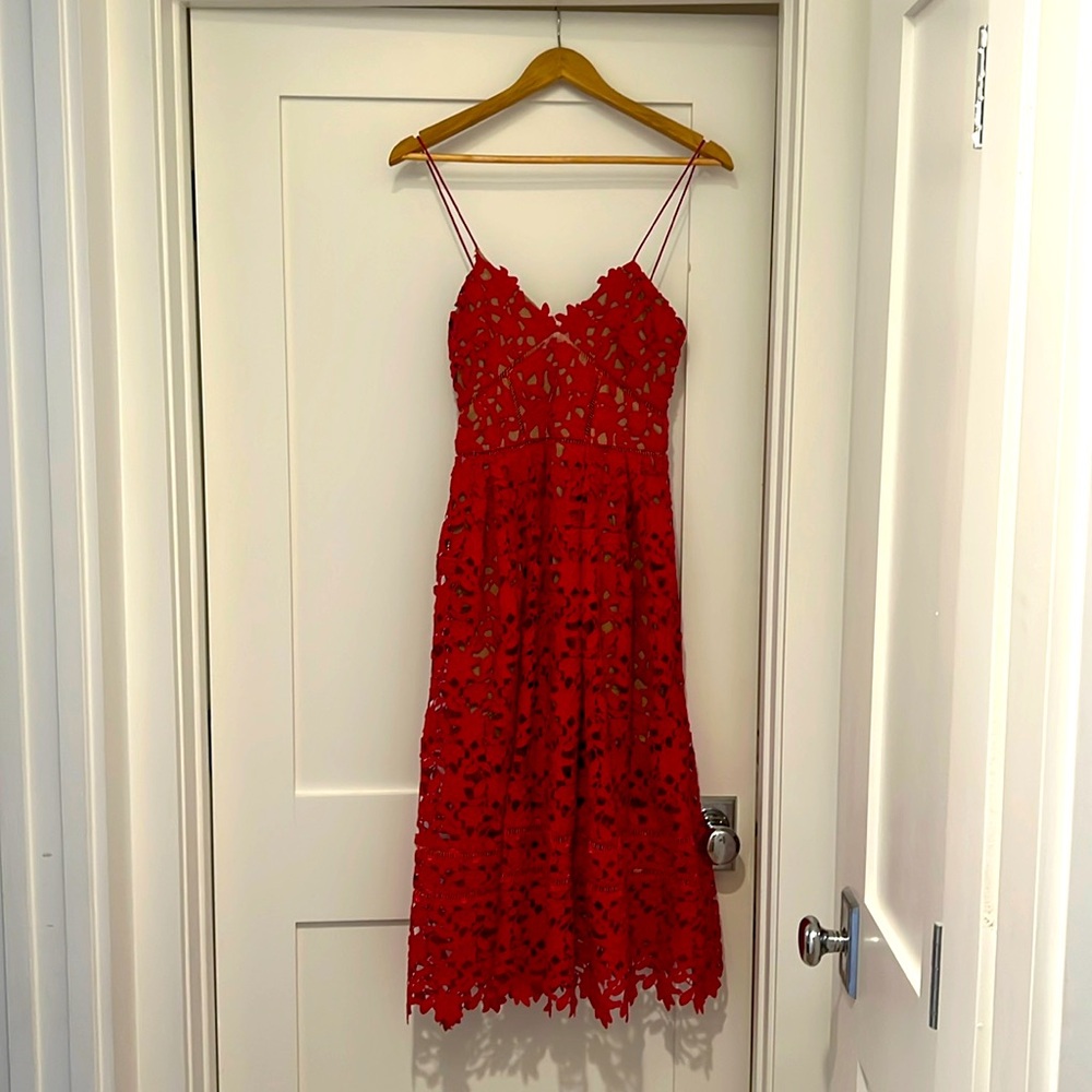 Self-Portrait red lace midi dress. Size 4